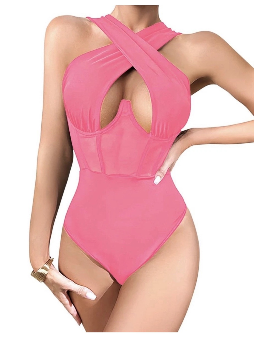 Cross-Front Pink Bodysuit with Underwire Detail